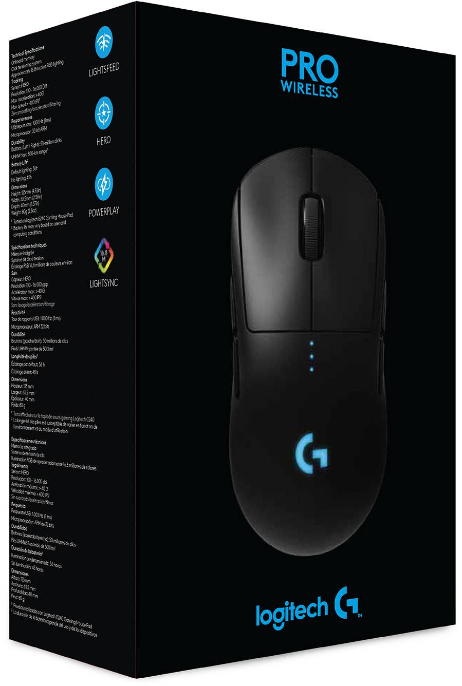 Verpakking van de Logitech Pro Wireless met een afbeelding van de muis en technische specificaties aan de zijkant. Zwarte achtergrond met blauw logo.