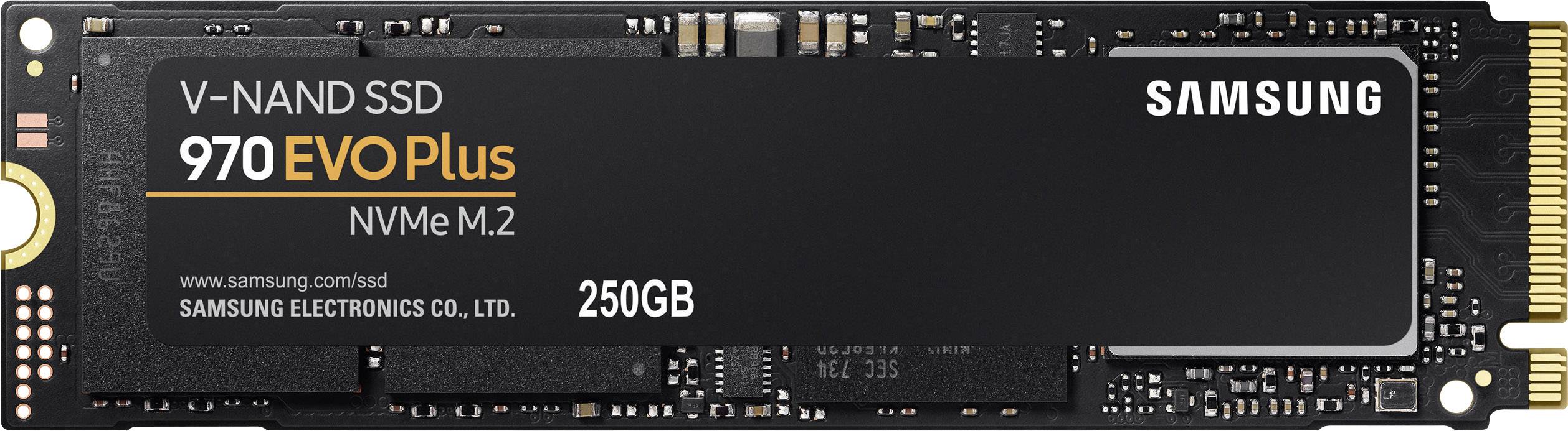 Een Samsung 970 EVO Plus V-NAND SSD met 250GB opslagcapaciteit, NVMe M.2 formfactor, op een zwarte printplaat.