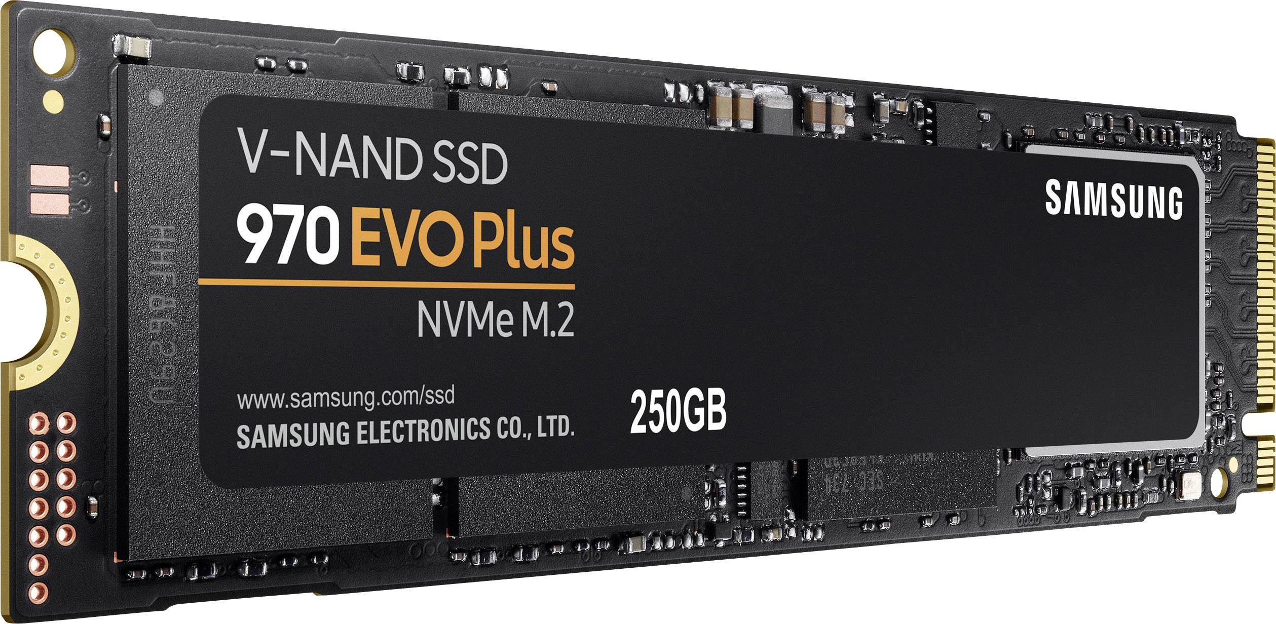 'Samsung V-NAND SSD 970 EVO Plus NVMe M.2, 250GB' in het zwart met oranje accentkleur, voor snelle gegevensoverdracht en opslag.