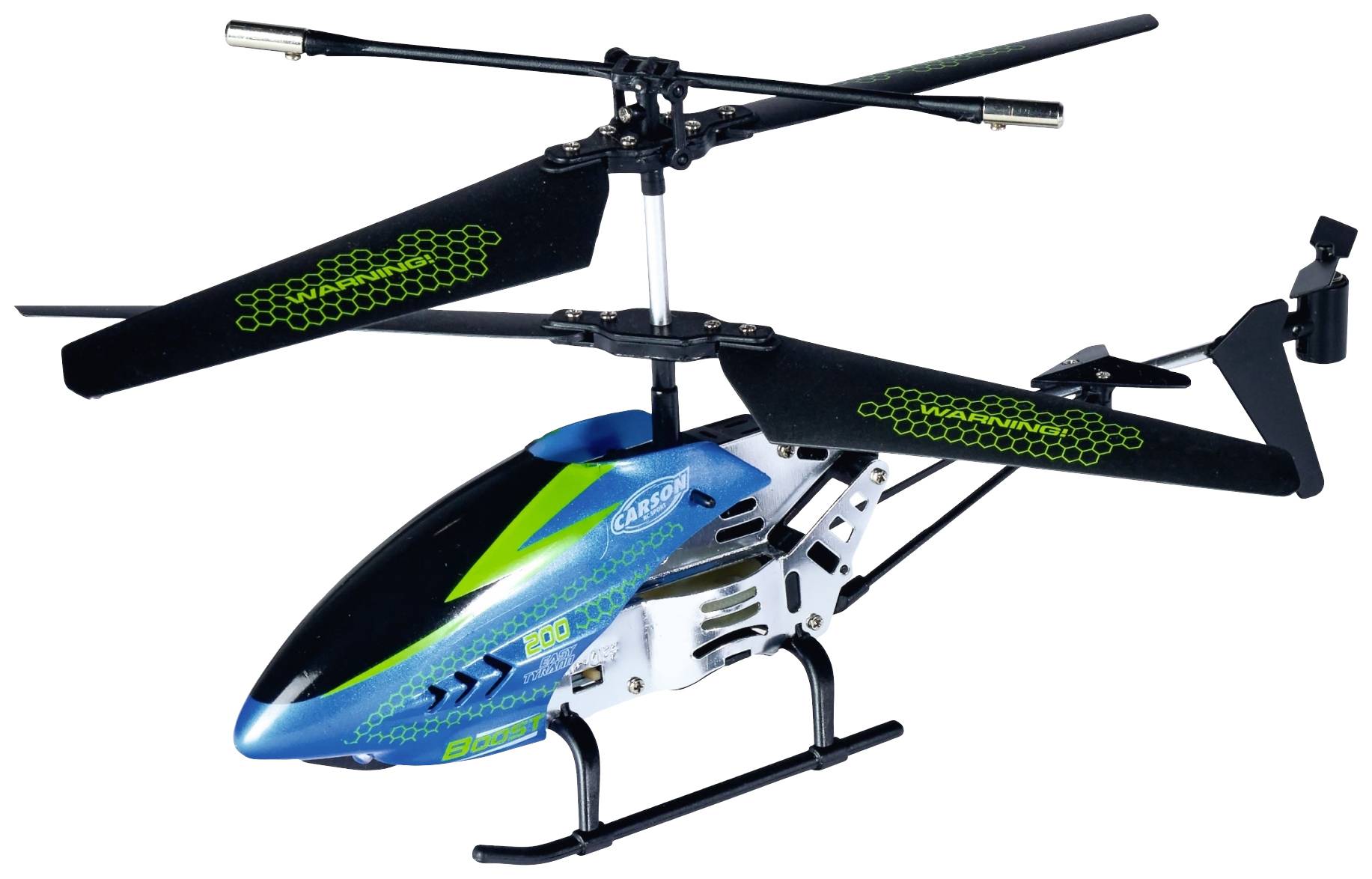Speelgoed-helikopter in blauw en zwart met groene accenten, twee rotorbladen en een stabiliserende staartrotor, geschikt voor indoor vliegen.
