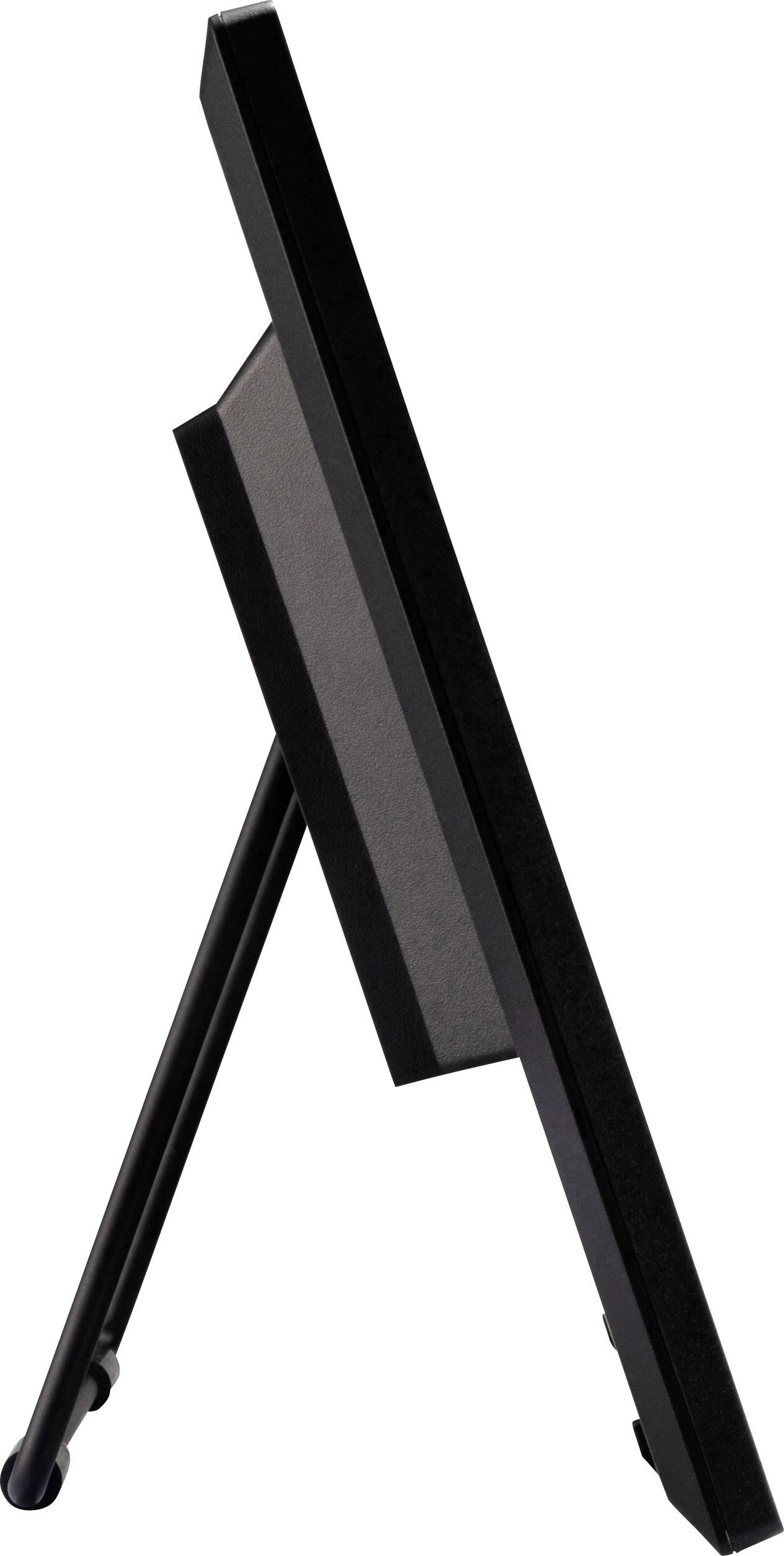 Digitale fotolijst bekeken van opzij, staand op een standaard.