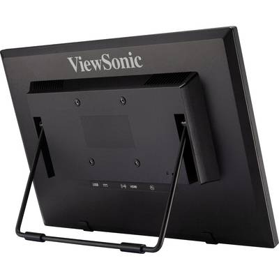 Achterkant van een ViewSonic-monitor, ondersteund door twee standaarden. Zichtbare aansluitingen: USB, HDMI en netvoeding.