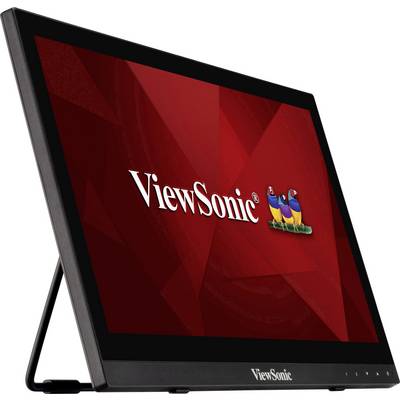 'ViewSonic' monitor in schuine weergave, zwarte rand, rode schermachtergrond met 'ViewSonic'-logo en drie kleurrijke vogels.