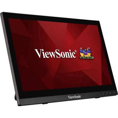 Een monitor van ViewSonic met een rode schermachtergrond en het bedrijfslogo in het midden.