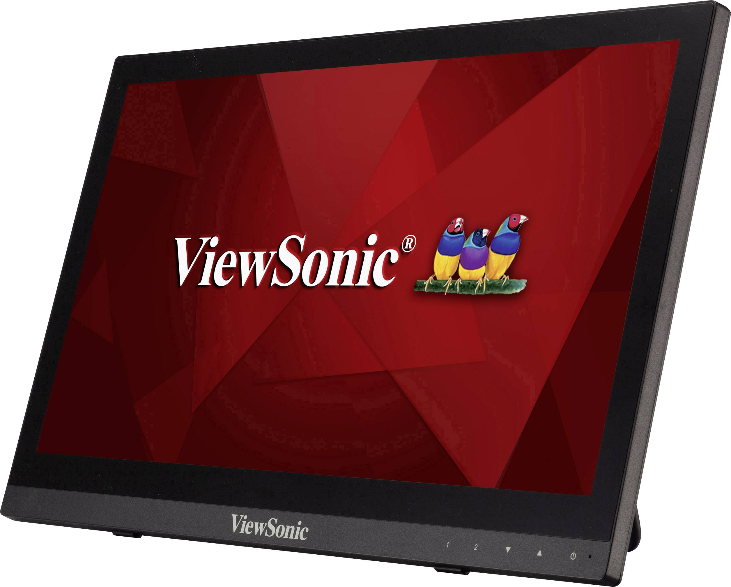 Een zwarte ViewSonic-monitor met een rode schermachtergrond en een klein, papegaaiachtig logo rechts naast de merknaam.