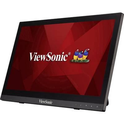 Een zwarte ViewSonic-monitor met een rode schermachtergrond en een klein, papegaaiachtig logo rechts naast de merknaam.