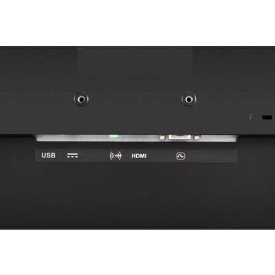 Achterkant van een apparaat met aansluitingen: USB, draadloos symbool en HDMI-poort.