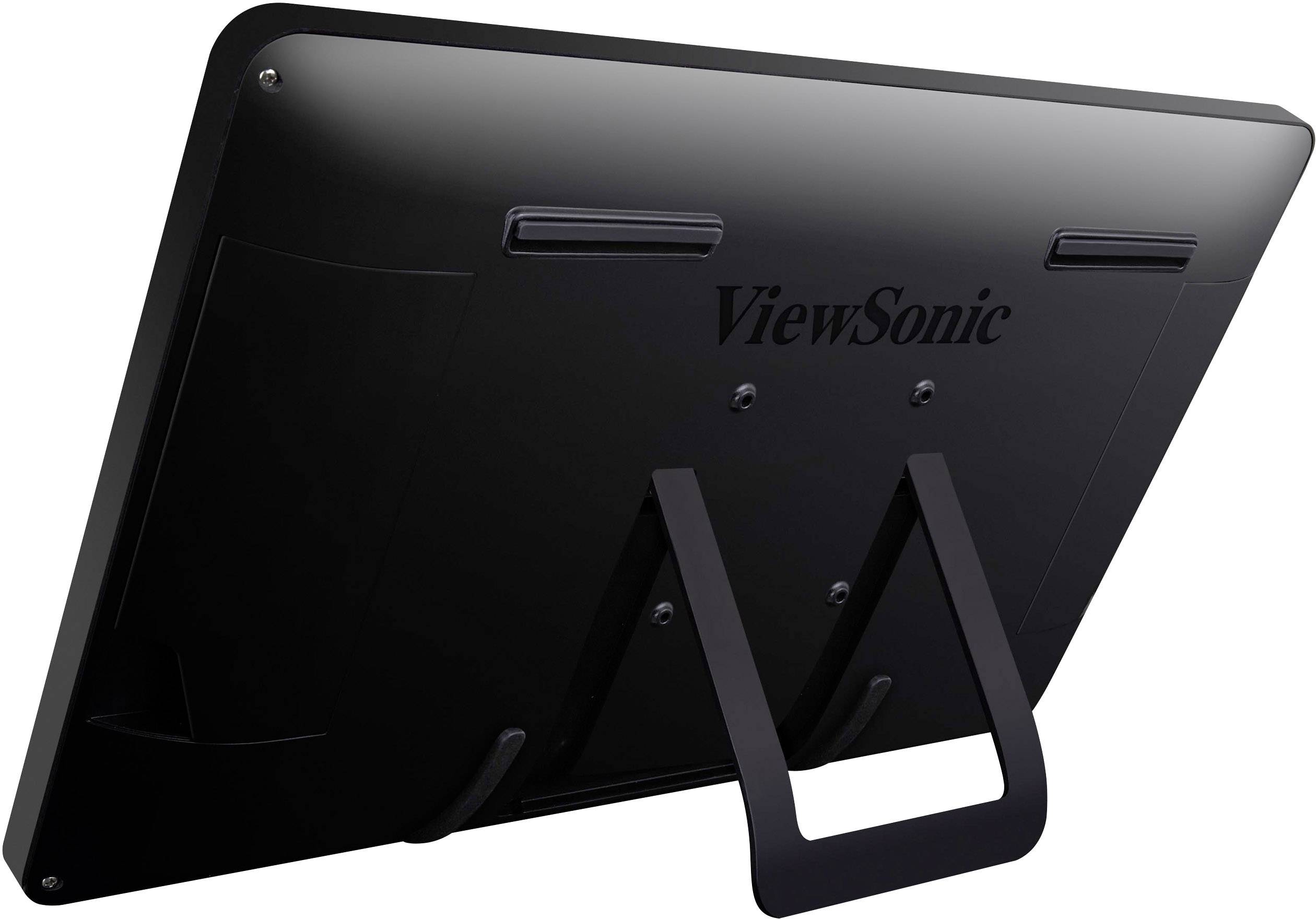Een zwarte monitor van achteren met het merk 'ViewSonic' zichtbaar. Hij staat op een geïntegreerde standaard.
