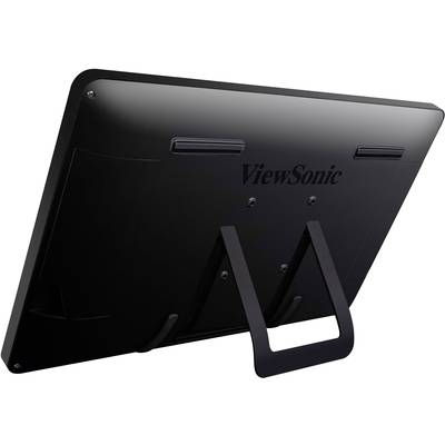 Een zwarte monitor van achteren met het merk 'ViewSonic' zichtbaar. Hij staat op een geïntegreerde standaard.