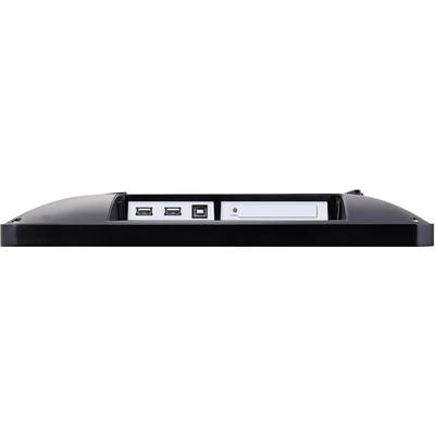 Achterkant van een computer met twee USB-poorten, een vierkante aansluiting en een leeg rechthoekig veld.