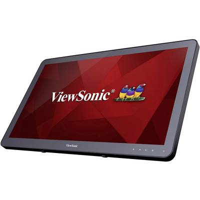 Tablet met display toont het ViewSonic-logo op een rode achtergrond. Drie kleurrijke vogels zijn naast het logo weergegeven.