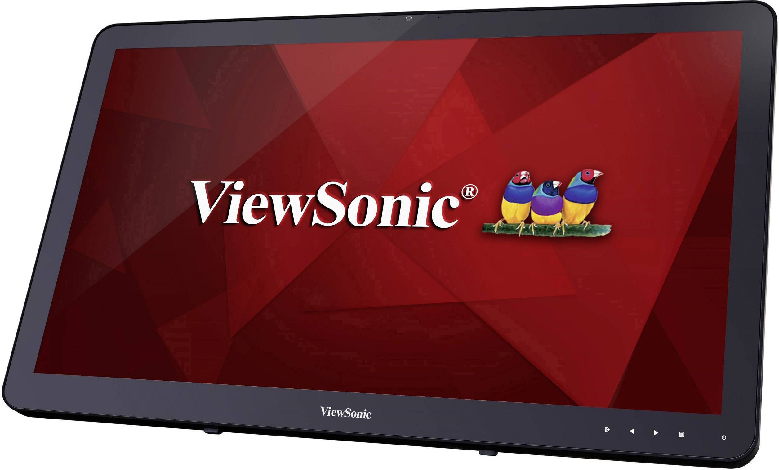 ViewSonic-monitor met drie kleurrijke vogels op een rode achtergrond. Logo duidelijk zichtbaar ernaast links.