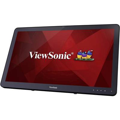 ViewSonic-monitor met drie kleurrijke vogels op een rode achtergrond. Logo duidelijk zichtbaar ernaast links.
