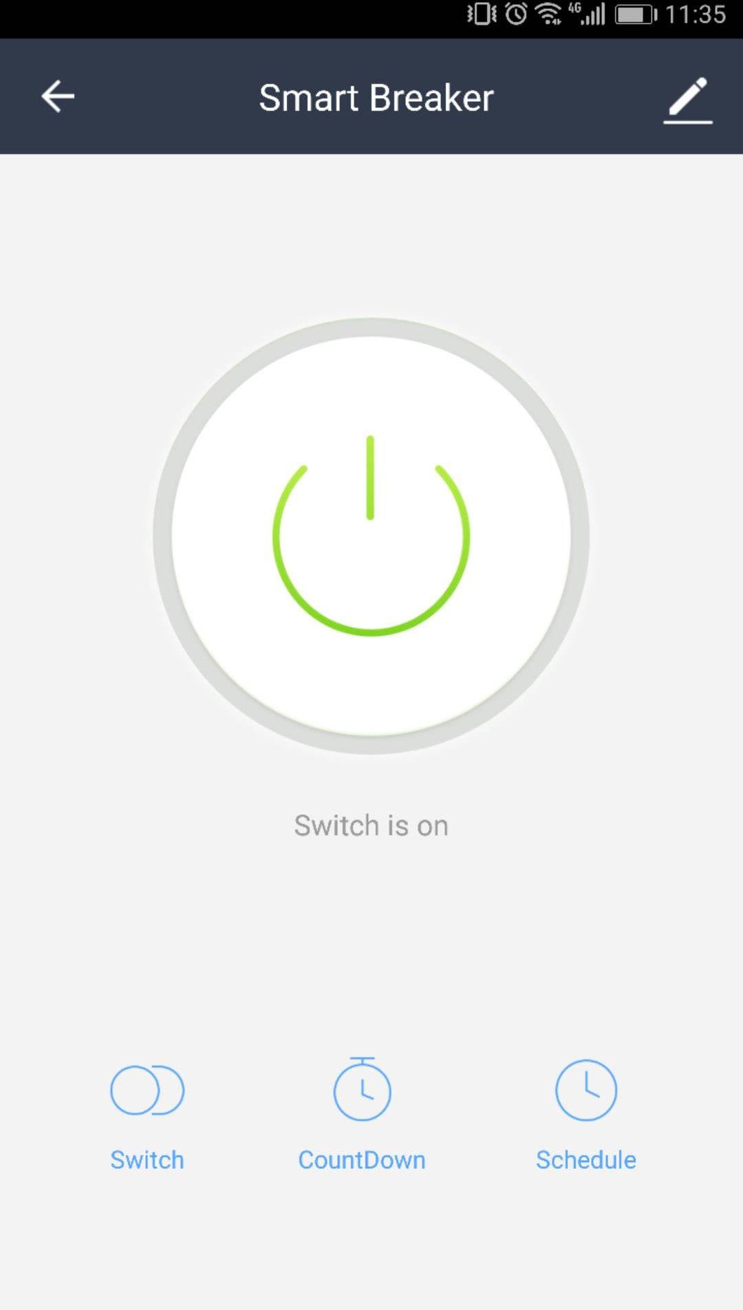 Weergave van een app voor het bedienen van een slimme schakelaar. De schakelaar staat momenteel aan. Onderaan: Opties 'Schakelen', 'Aftellen', 'Planning'.