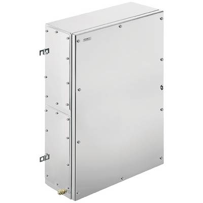 Metalen behuizing met rechthoekige vorm, schroeven aan de randen, aangeduide scharnieren en sluitingen aan de zijkanten.