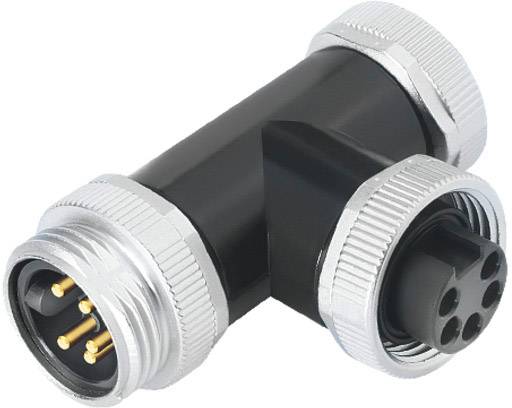 'Een T-vormige elektrische connector met een zwart behuizing en zilveren ringen, uitgerust met meerdere goudkleurige pinnen.'