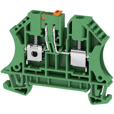 Groene elektrische aansluitrail voor het bevestigen en verbinden van elektrische leidingen, voorzien van metalen veren en bevestigingspunten.