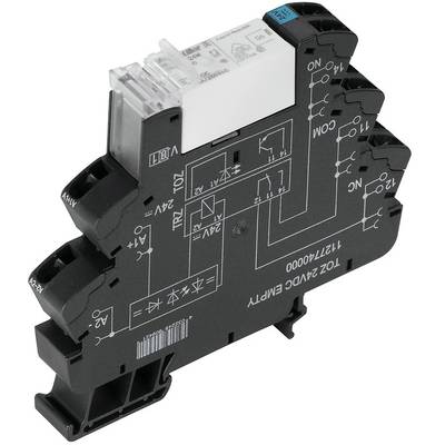 Relaismodule met opschrift 'TOZ 47ADC'. Toont elektrische symbolen en aansluitingen. Wordt gebruikt voor het besturen van elektrische circuits.