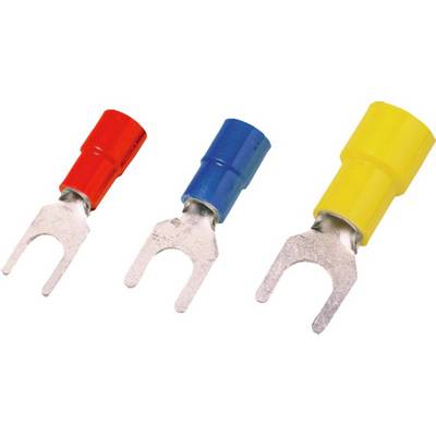 Drie kabelschoenen met vorken in rood, blauw en geel, die naast elkaar liggen en elk een verschillende maat hebben.