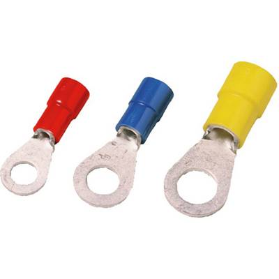 Drie ringvormige kabelschoenen in verschillende maten met gekleurde isolaties: rood, blauw en geel, op een witte achtergrond.