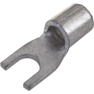 Een zilveren vorkkabelschoen voor het bevestigen van een kabel aan een klem of schroef, gebruikt in elektrische toepassingen.