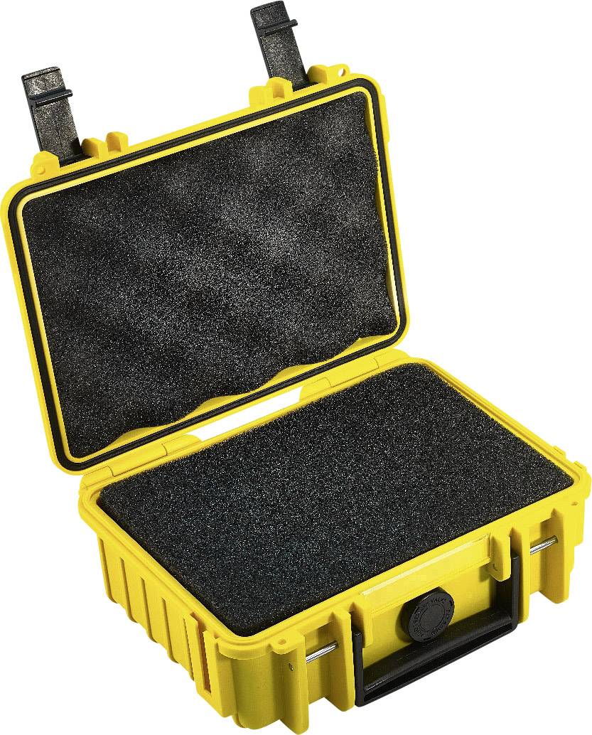 Gele, open koffer met zwarte schuimvulling, geschikt voor het veilig vervoeren van kwetsbare voorwerpen.