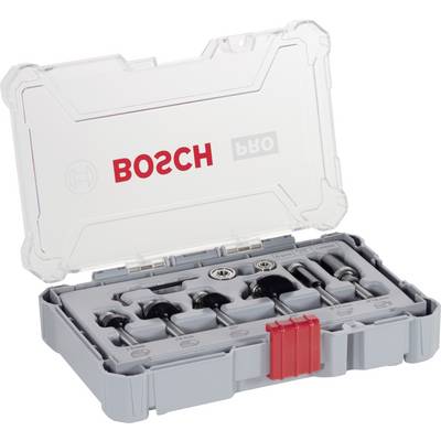 Een geopende kunststof gereedschapskoffer van Bosch met meerdere boren en toebehoren. De koffer is grijs met een transparante deksel.