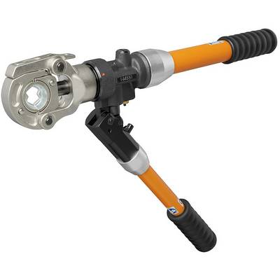 Hydraulische buispers met oranje handgreep en zilveren perskoppen, geschikt voor het persen van buisverbindingen.