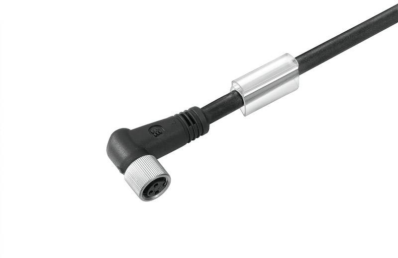 Een zwarte kabel met een haakse stekker en een zilveren metalen dop aan het ene uiteinde. Geschikt voor elektrische aansluitingen.