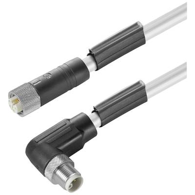 Twee zwarte, industriële connectoren met zilveren schroefdraad, één recht, de andere haaks, op witte kabels.