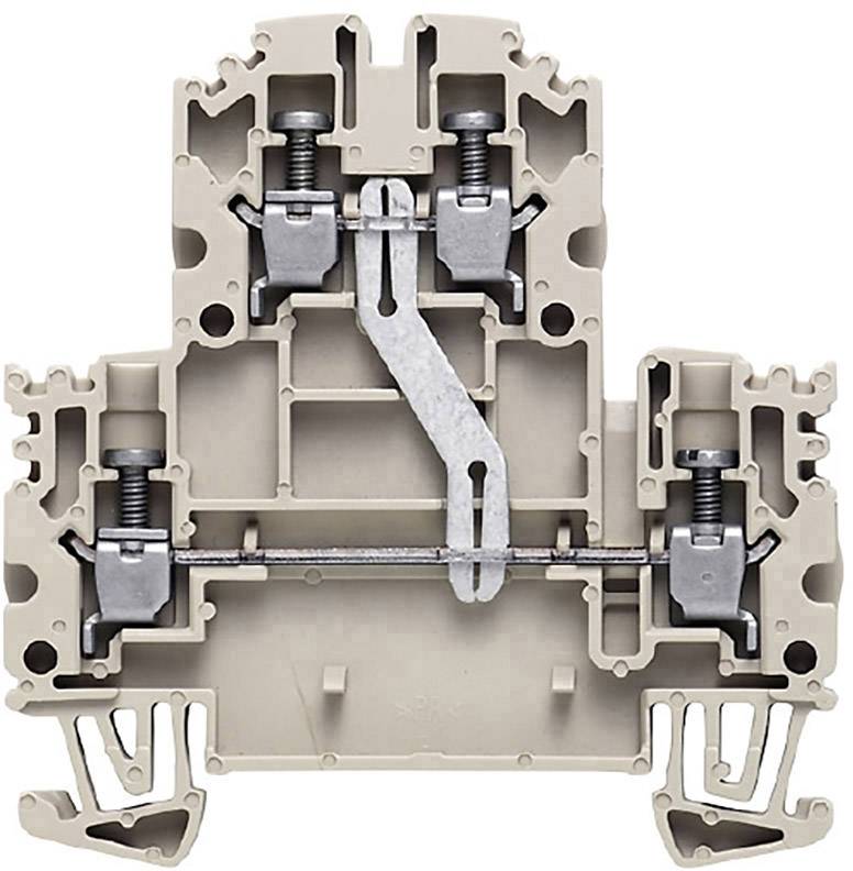 Een grijze aansluitblok toont de interne metalen verbinding en schroefklemmenstructuur. Hij wordt gebruikt voor elektrische bedrading.