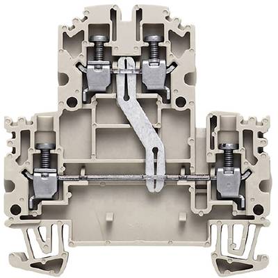 Een grijze aansluitblok toont de interne metalen verbinding en schroefklemmenstructuur. Hij wordt gebruikt voor elektrische bedrading.