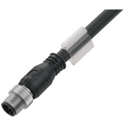 Zwart kabel met ronde metalen schroefdraadaansluiting en kunststof bevestiging. Geschikt voor technische toepassingen.