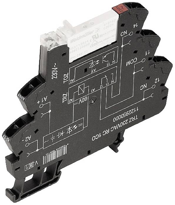 Elektromechanisch relais van Weidmüller 250V, 6A, op een zwarte voet met een transparante module, markeringen tonen aansluitgegevens.