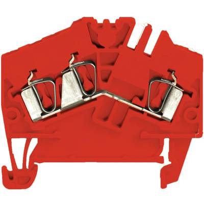 Een rode, elektrische rijgklemmenblok met metalen aansluitingen in het midden, geschikt voor montage op een DIN-rail.