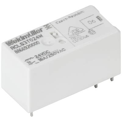 Een wit Weidmüller-relais, modelnummer RCL-S-T024W. Het vertoont elektrische specificaties en keuringssymbolen op het oppervlak.