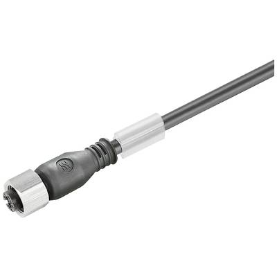 Een zwarte kabel met een ronde stekker en een metalen schroefverbinding. De stekker heeft meerdere contactpunten.