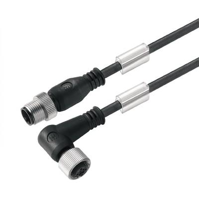 Twee zwarte, haaks en recht M8-connectoren met metalen bevestigingsbouten aan een kabel.