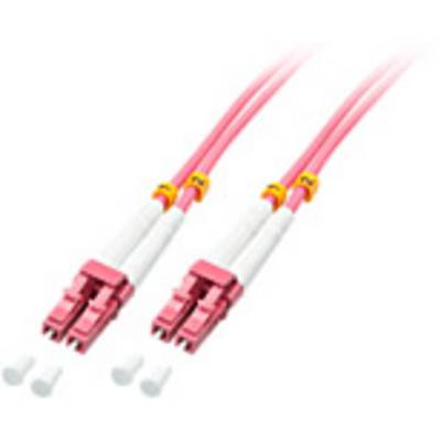 Twee roze glasvezelkabels met witte aansluitingen, parallel aan elkaar. Ze eindigen in LC-connectoren met beschermkappen.