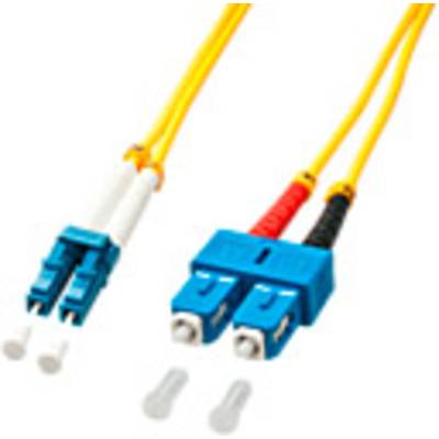 Twee gele glasvezelkabels met blauwe connectoren. Links: LC-aansluiting, compact met kleine raster. Rechts: SC-aansluiting, rechthoekig en groter. Gebruikt voor snelle gegevensoverdracht.