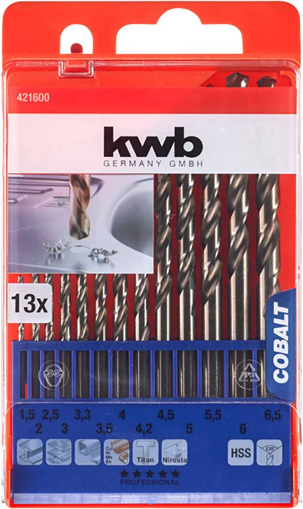 Package of 13 cobalt drill bits, sizes ranging from 1.5 to 6.5 mm, marked with HSS and KWB Germany GmbH. Red and blue packaging.