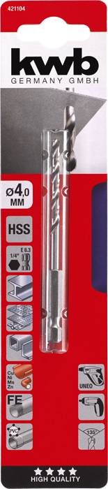 'kwb GERMANY GmbH' 4,0 mm HSS-boor voor metaal, hout, kunststof. Verpakking toont gereedschappen en toepassingen. Hoogwaardig.
