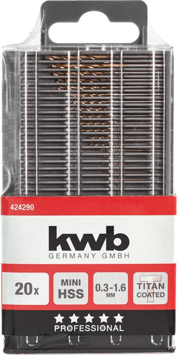 Boorset 'kwb Germany GmbH, 20 stuks, Mini HSS, 0,3-1,6 mm, Titanium gecoat', geschikt voor professionele toepassingen.