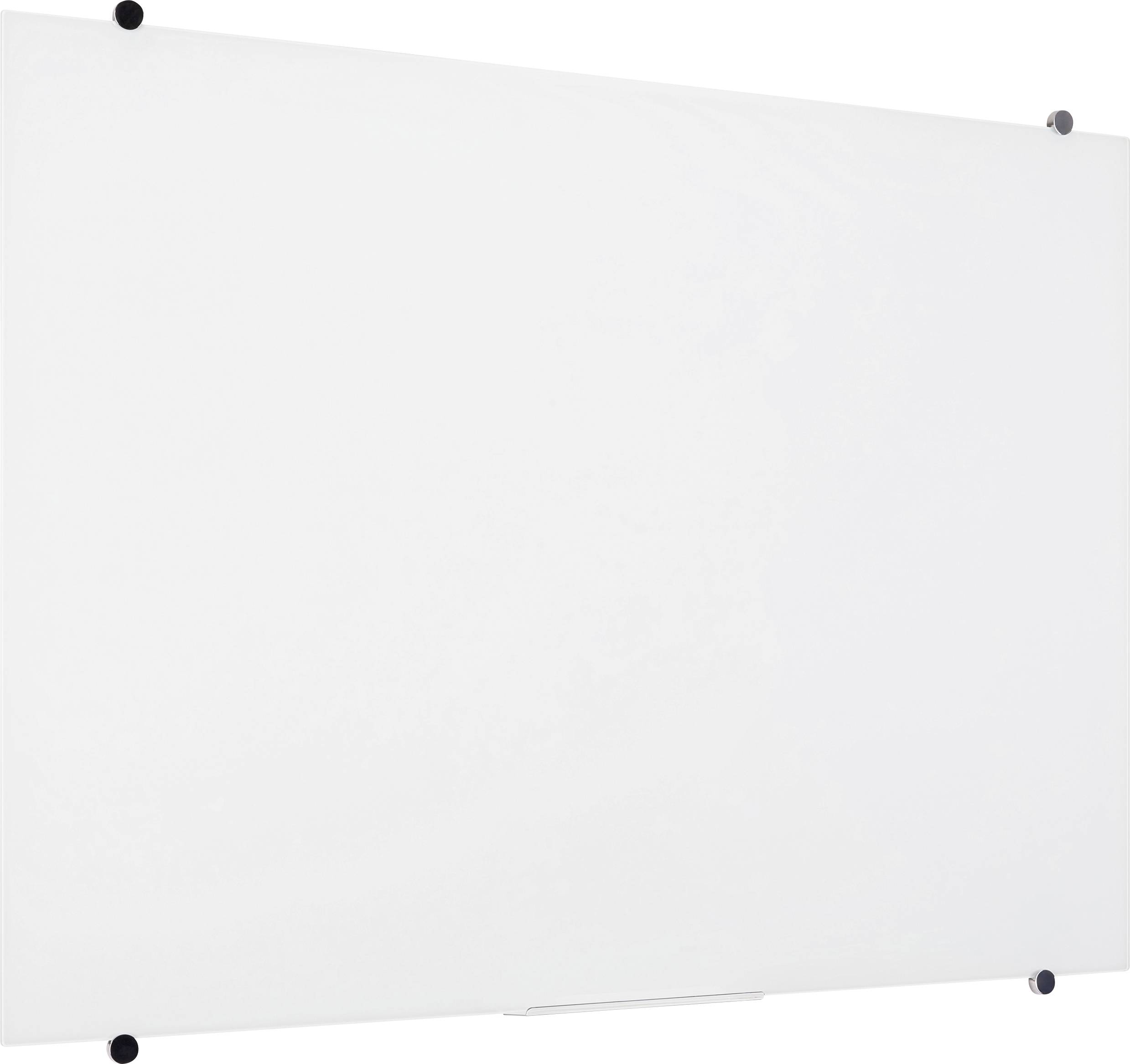Een leeg wit whiteboard met een witte rand en zwarte bevestigingen in de hoeken.