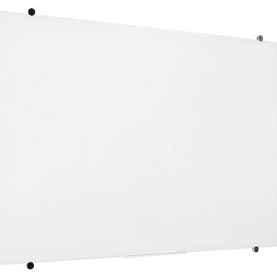 Een leeg wit whiteboard met een witte rand en zwarte bevestigingen in de hoeken.