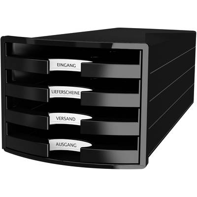 Een zwarte ladenorganizer met vier vakken, gemerkt met 'Binnenkomend', 'Pakbonnen', 'Verzending' en 'Uitgaand'.