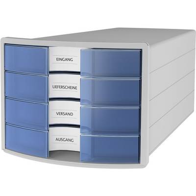 Opbergdoos met vier blauwe laden, gemarkeerd met 'Binnenkomst', 'Pakbonnen', 'Verzending' en 'Uitgang', voor documentenorganisatie.