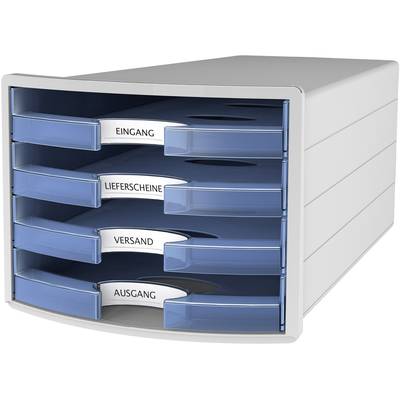 Een witte kantoor-organizer met vier transparante blauwe laden, gelabeld met 'Binnenkomend', 'Pakbonnen', 'Verzending' en 'Uitgaand'.