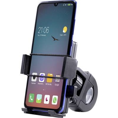 Smartphone in een autohouder met geopend startscherm. Datum en tijd worden weergegeven. Helder weersymbool rechtsboven.