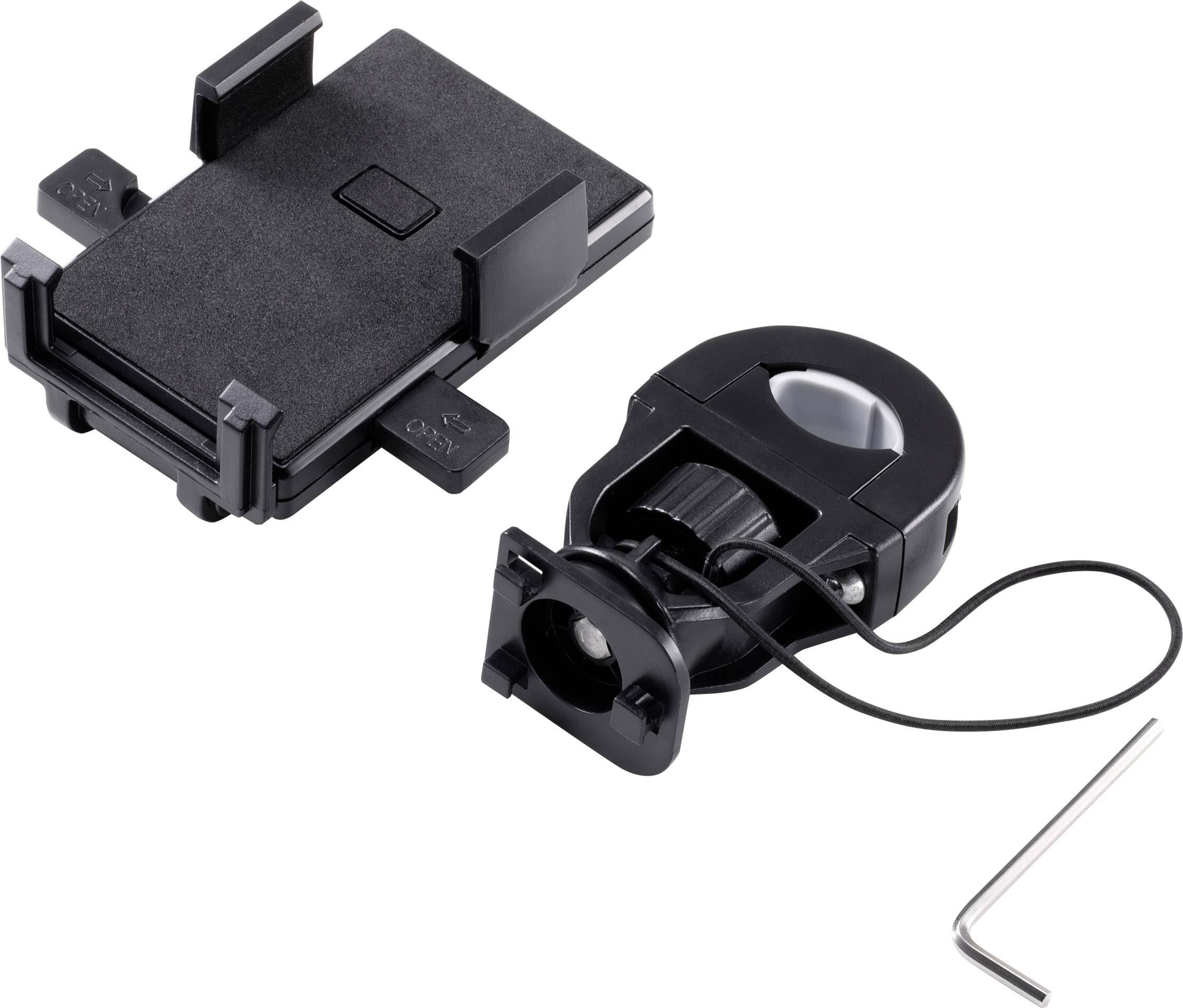 Adapter en montagesets voor camera, gemaakt van zwart kunststofmateriaal. Bevat adapterplaat, schroef en inbussleutel.